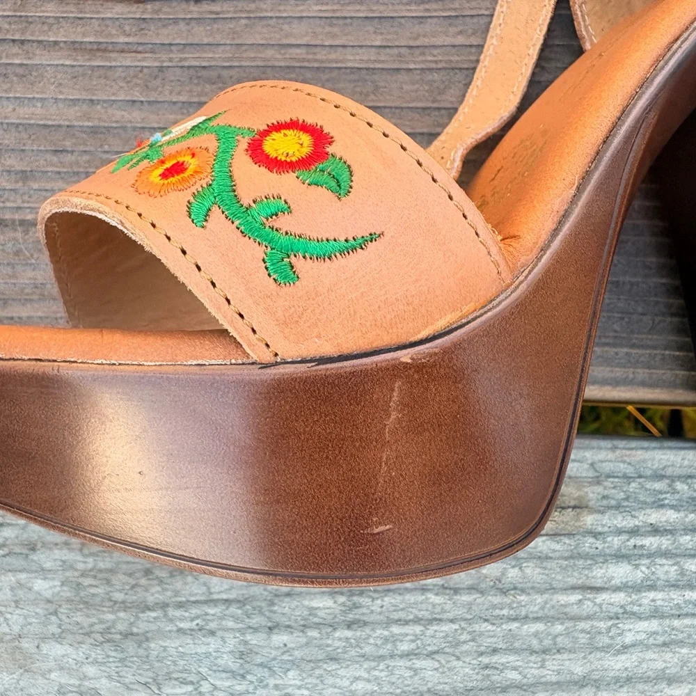 Tan Floral Embroidered Women's Heels - Picture 6 of 9